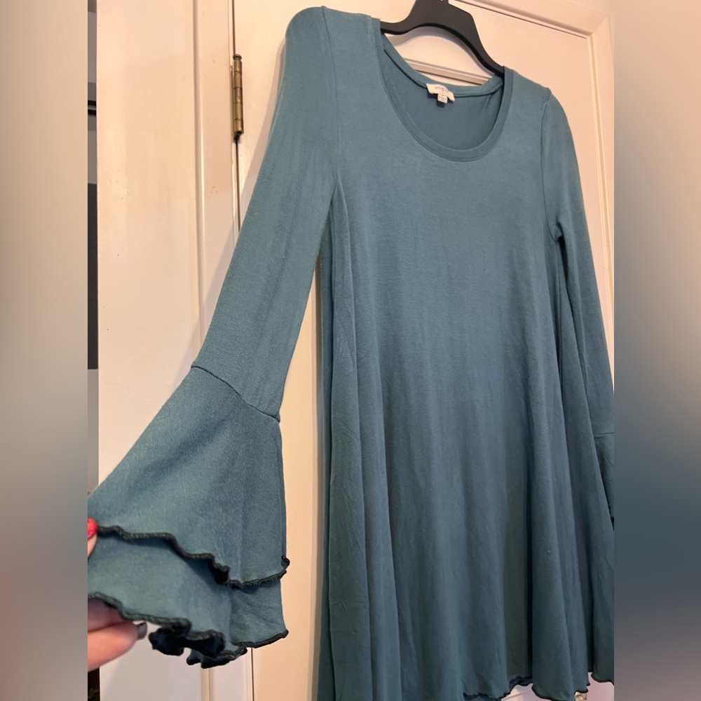 Umgee turquoise teal ruffle bell long sleeve midi dress with super cute hem trim